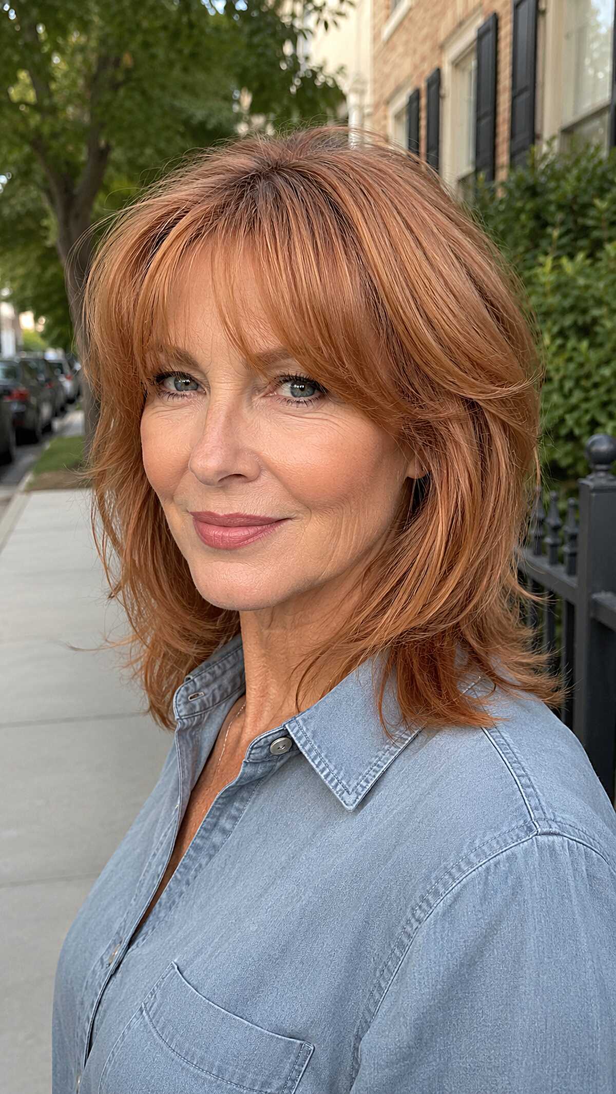 Copper Shag with Feathered Fringe on Shoulder-Length Hair