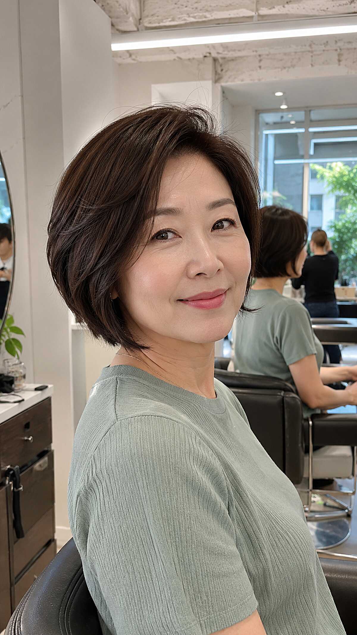 Feathered Dark Brunette Bob with Layered Crown Lift