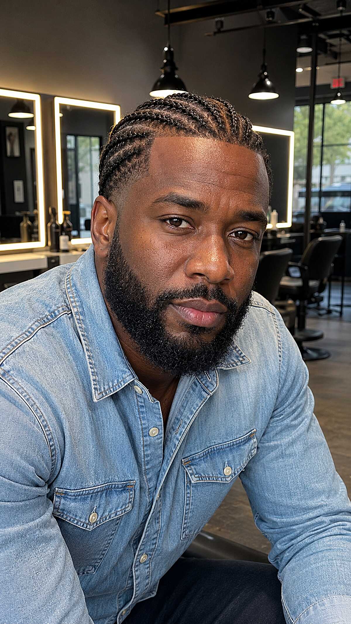 Feed-In Cornrows with a Full Natural Beard