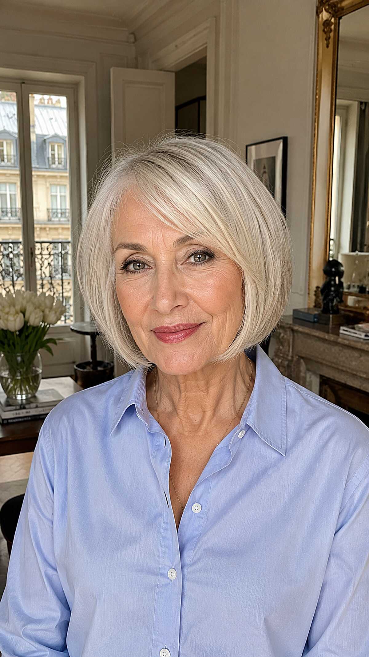 Icy Platinum Bob with Curtain-Parted Fringe