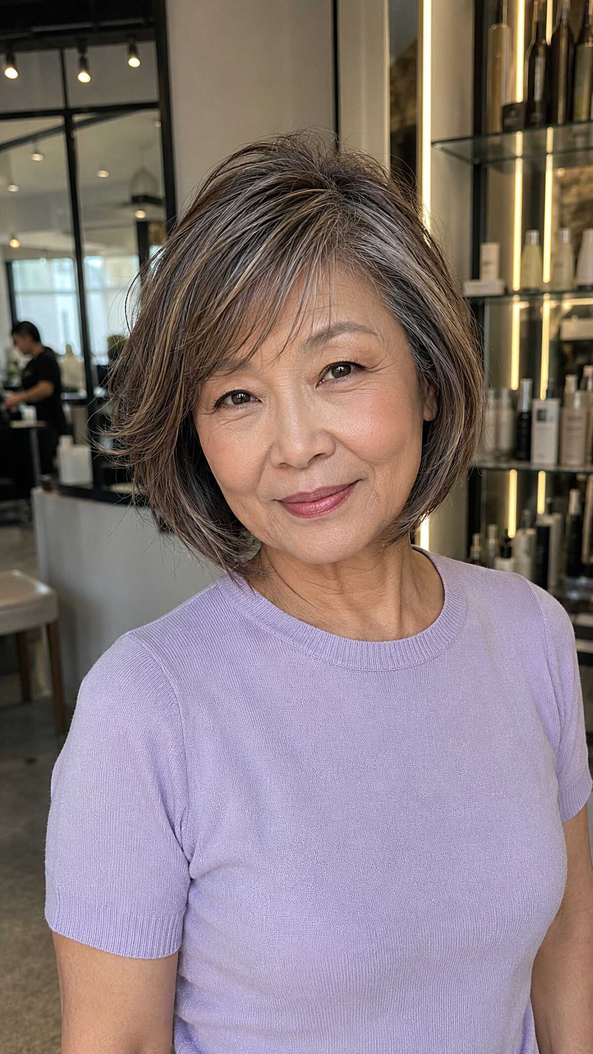 Layered Ash Brunette Bob with Gray Integration