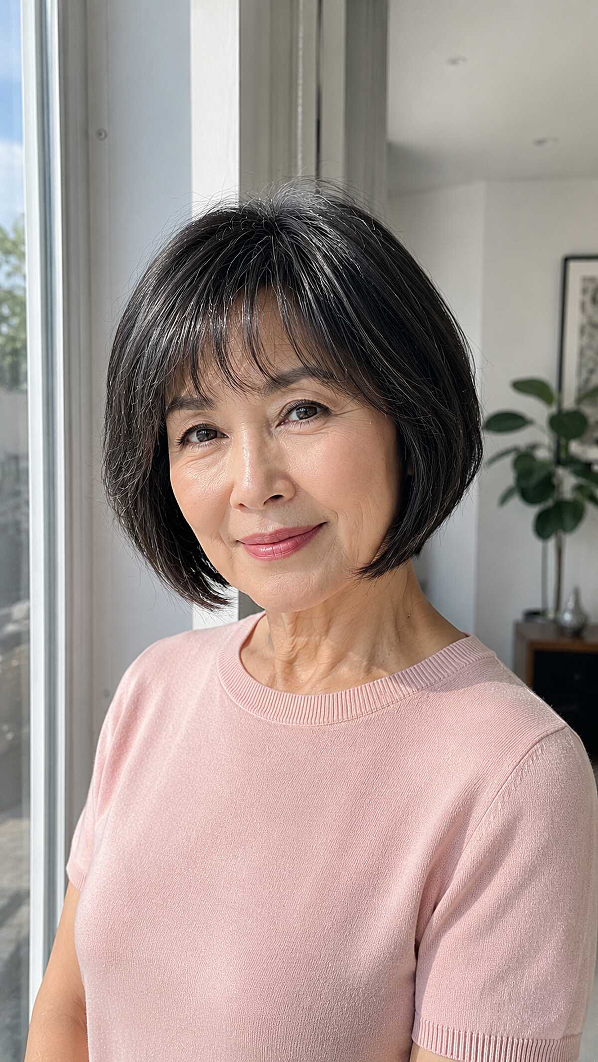 Natural Black Bob with Feathered Bangs and Gray Threading