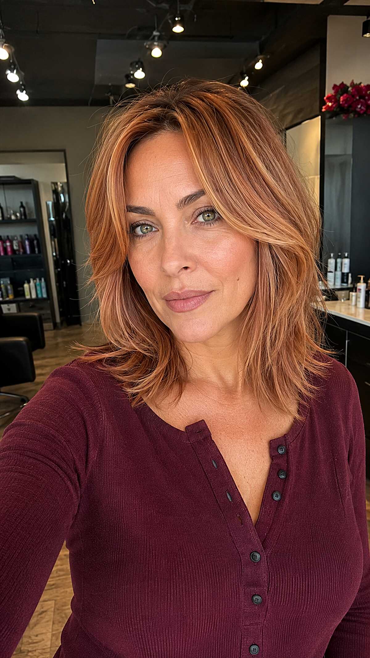 Rosy Copper Lob with Dimensional Highlights and a Deep Side Sweep