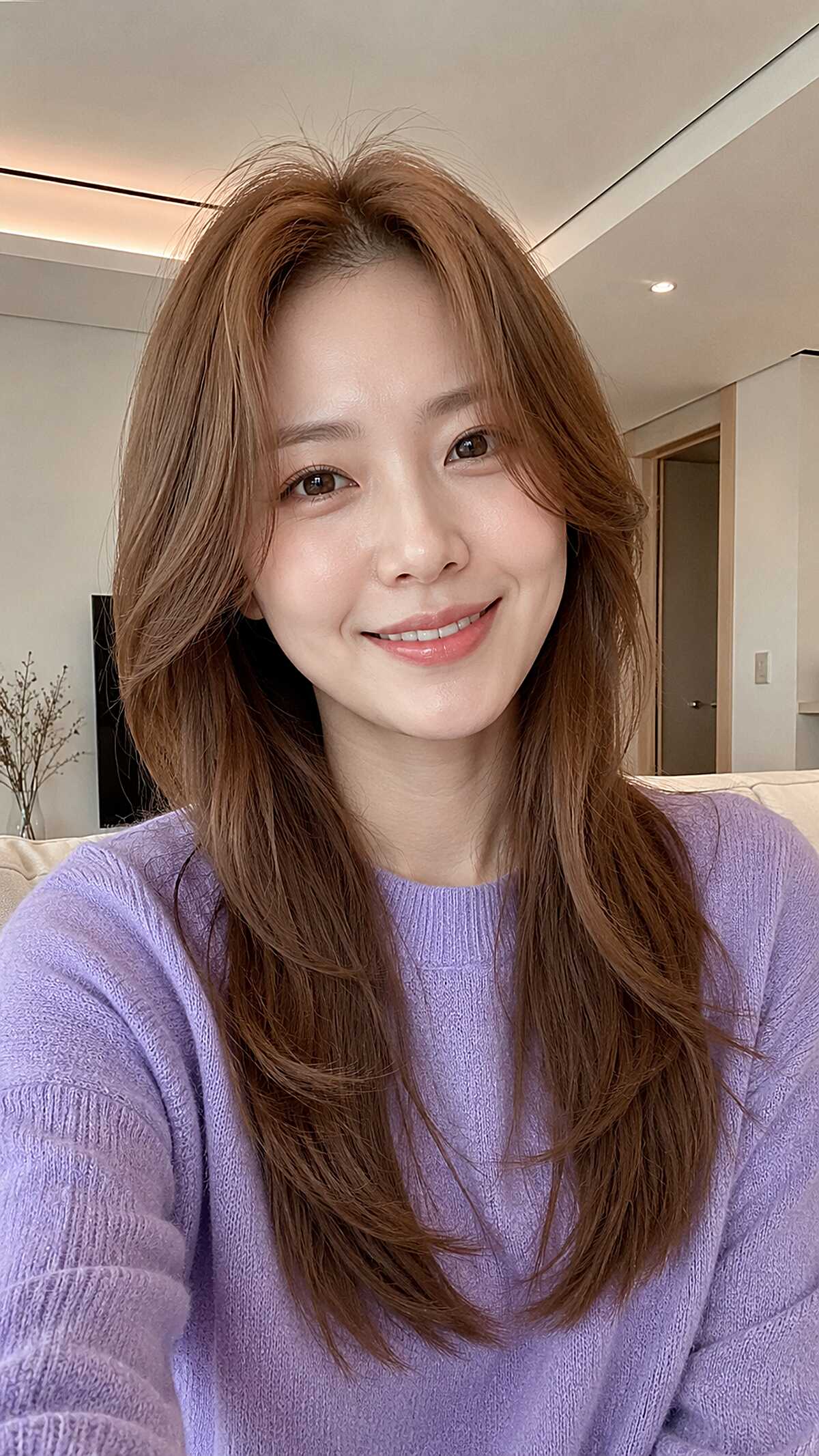 Rosy Copper Strawberry on Curtain-Layered Long Hair