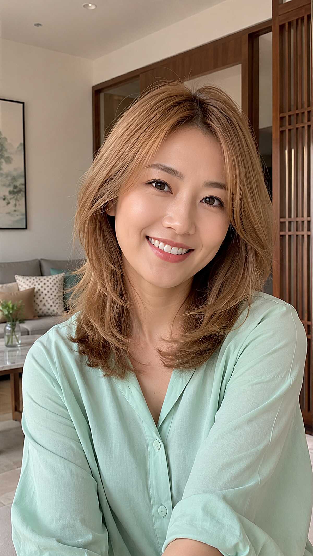 Shoulder-Length Strawberry Blonde with Flipped Layers and Warm Undertones