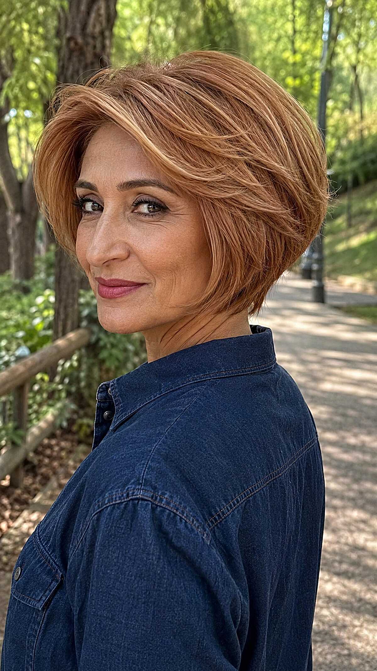 Stacked Light Copper Bob with Swept Layers on Medium-Warm Skin