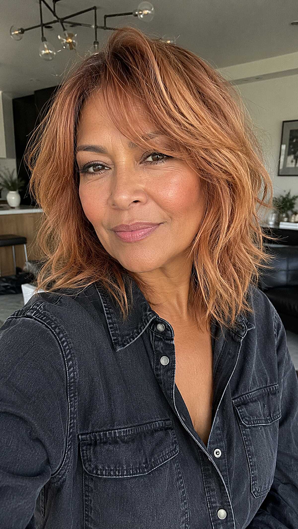 Textured Copper Shag with Wispy Bangs on Medium Density Hair