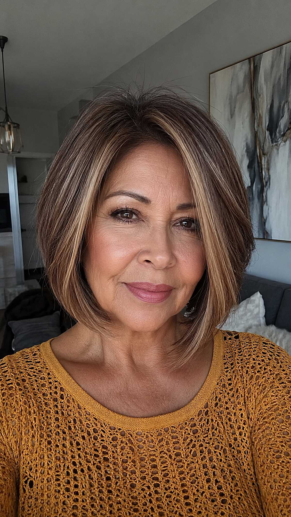 Warm Brunette Bob with Blonde Money Pieces