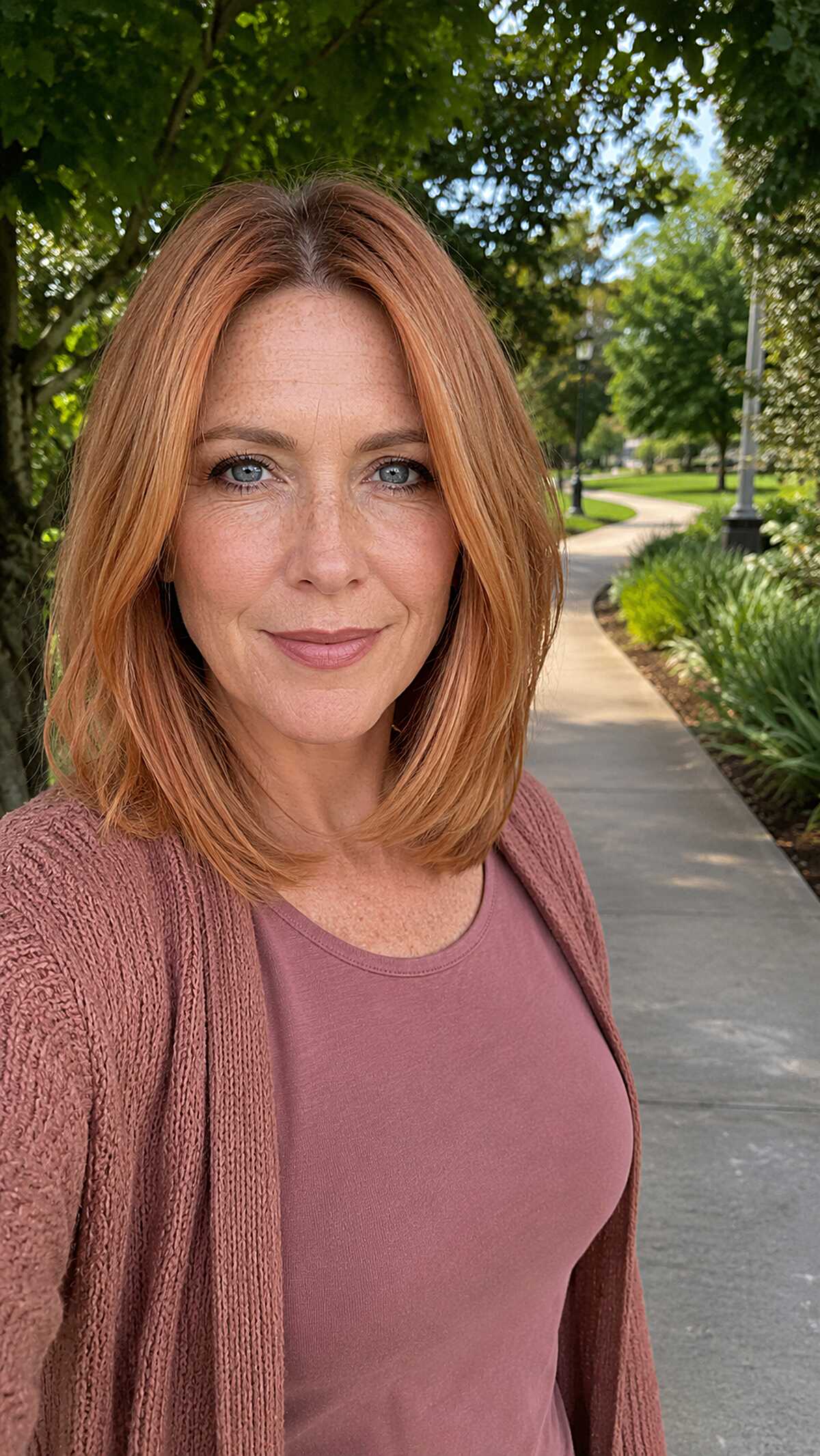 Warm Copper Lob with a Soft Center Part on Medium Density Hair