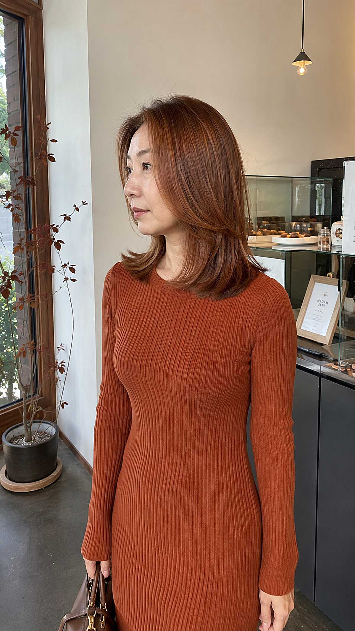 Warm Copper Mid-Length with Flipped Face-Framing Layers