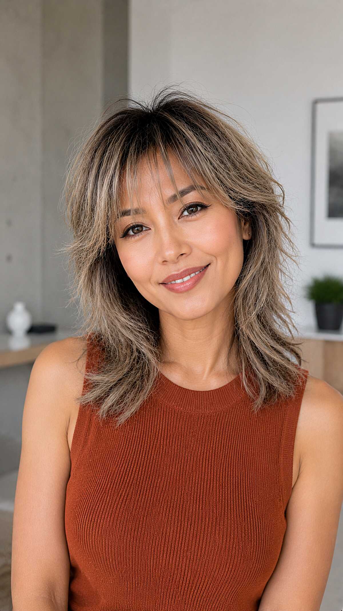 Medium ash blonde shag with piecey bangs and dark roots