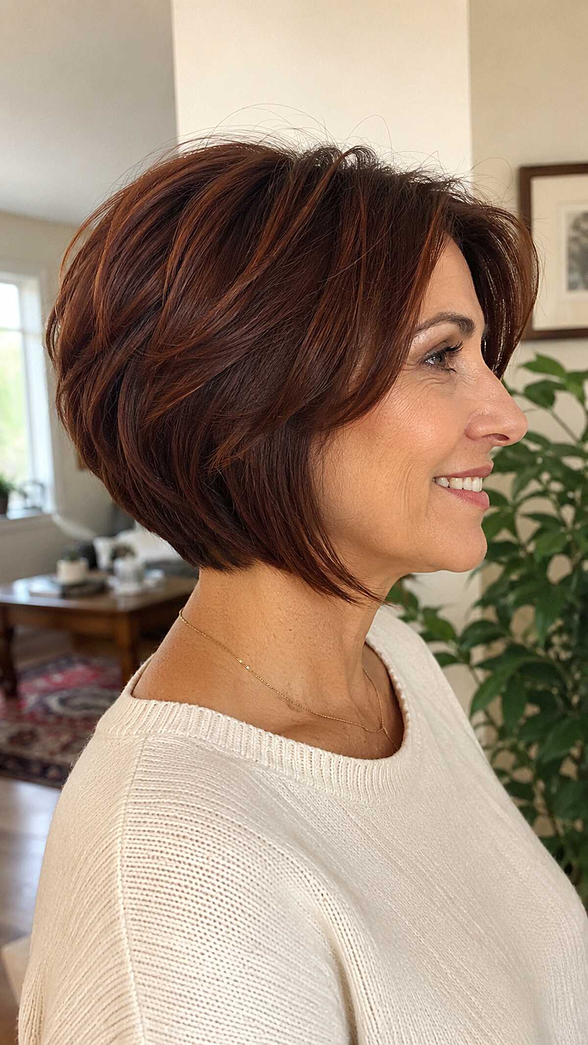 Auburn stacked bob with coppery dimension