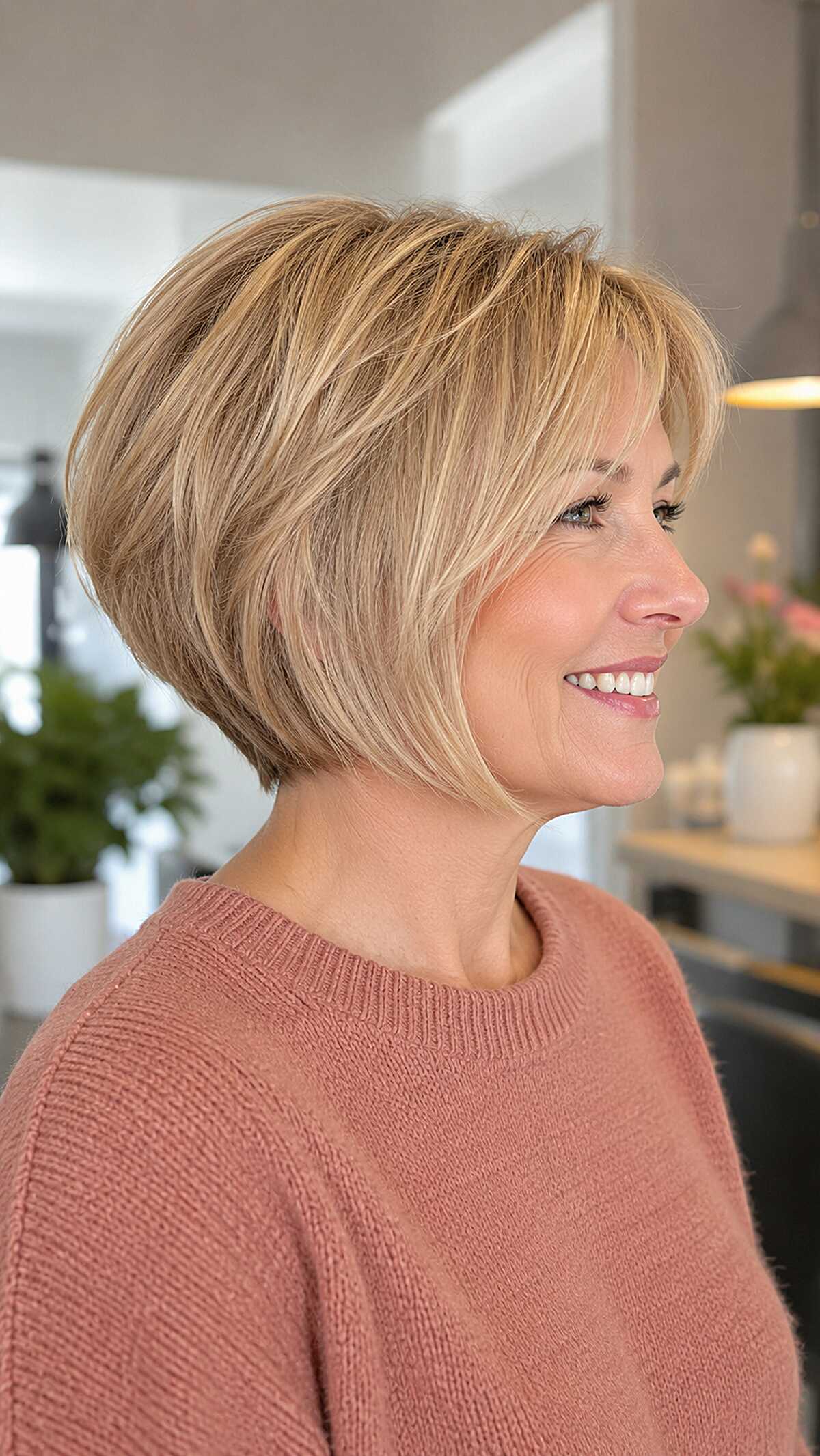 Buttery blonde stacked bob with tapered nape