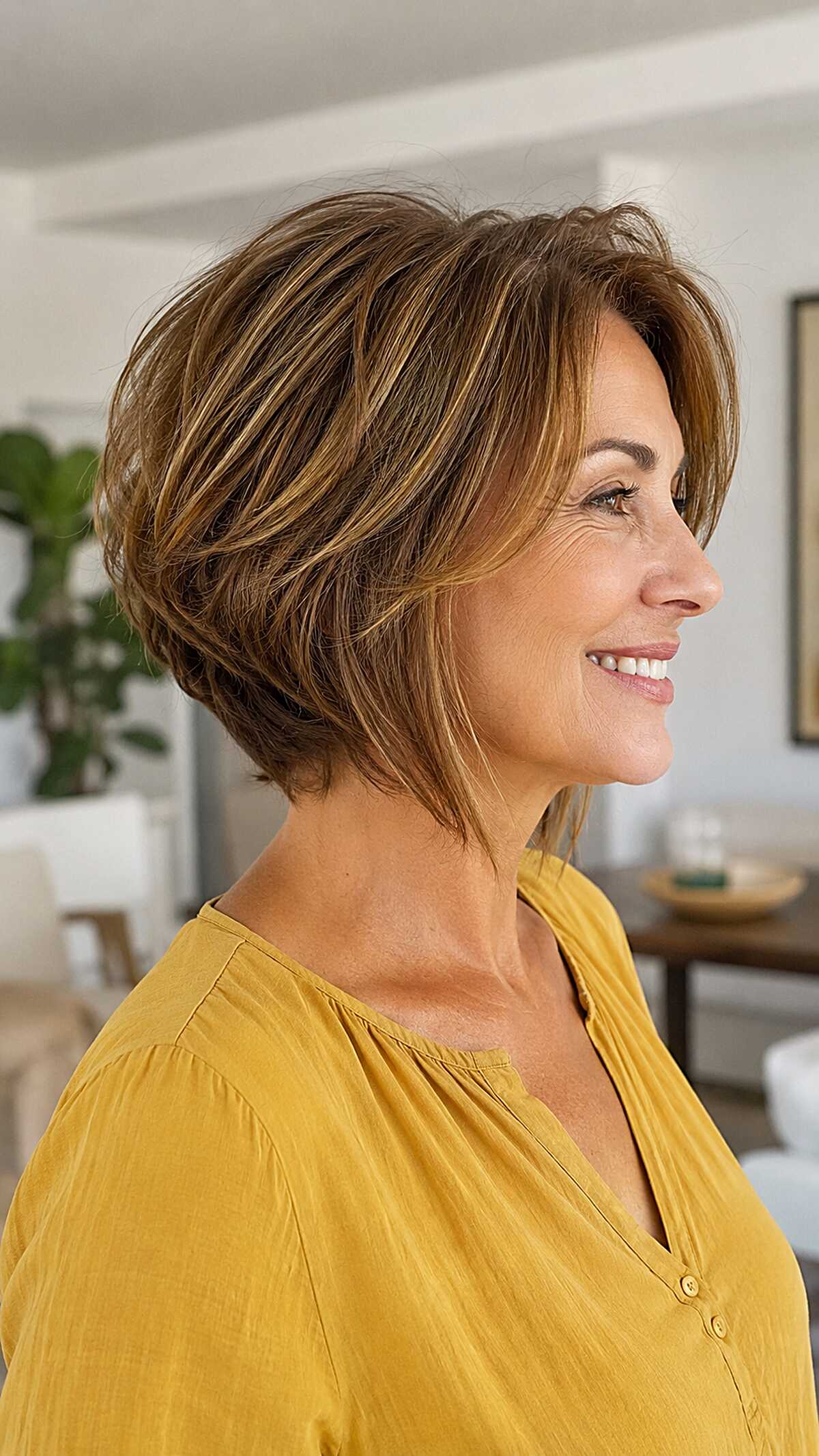 Caramel highlighted stacked bob with textured layers