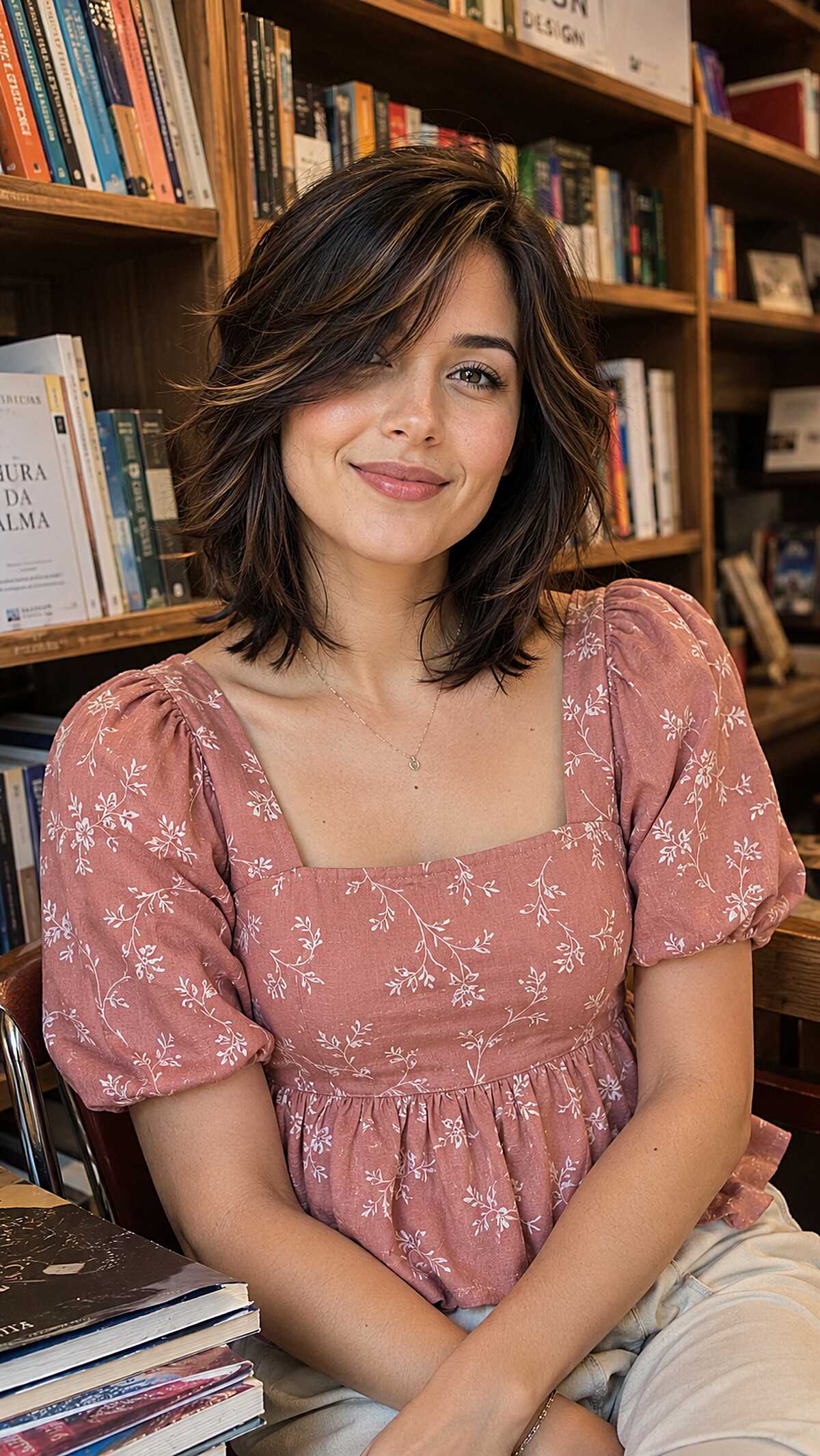 Short dark brown shag lite bob with flipped ends