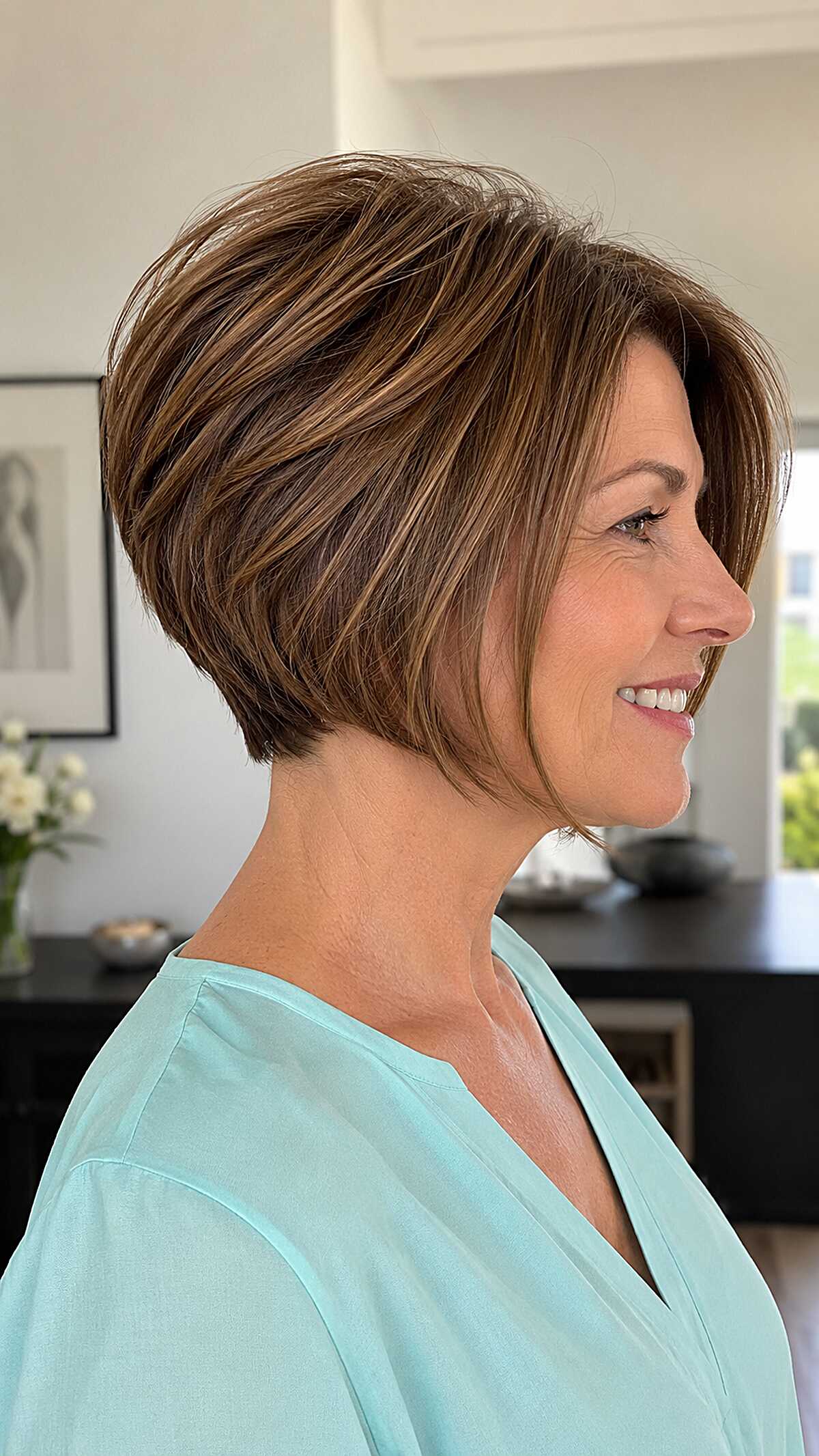 Chocolate brown stacked bob with honey babylights