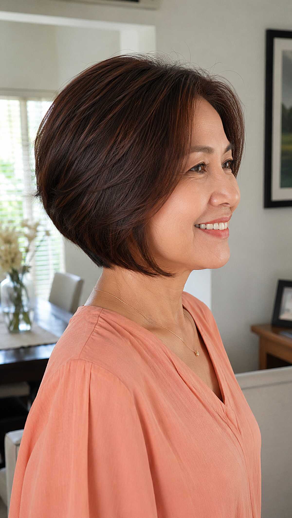 Classic dark brunette stacked bob with clean lines