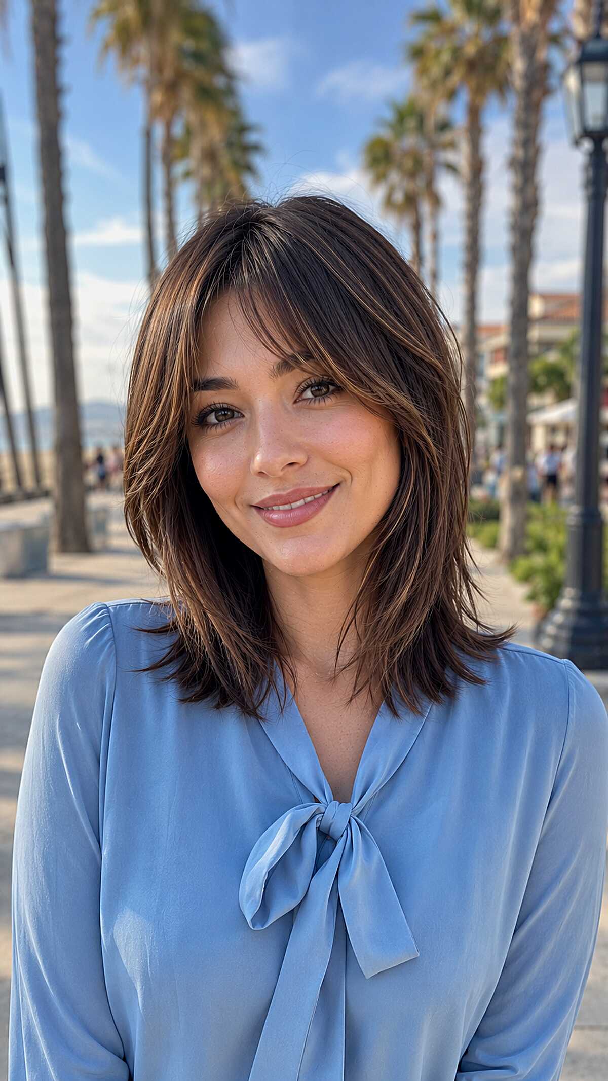 Shoulder-length brunette shag lite lob with bangs