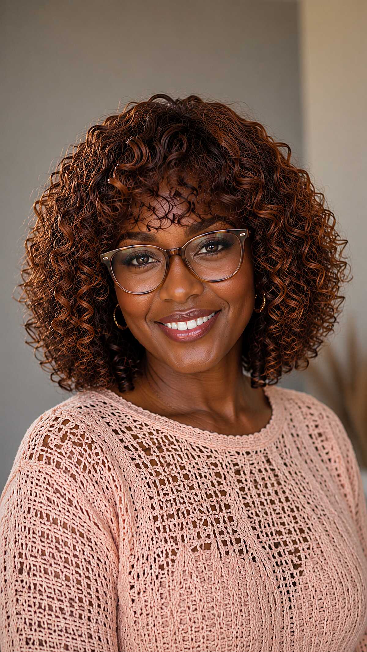 Medium curly layered hair with copper highlights and bangs