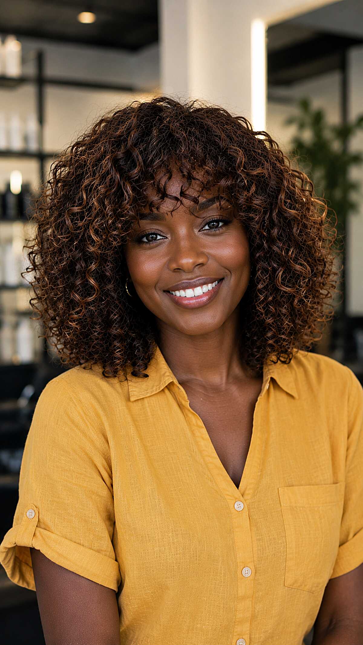 Shoulder-length curly layered bob with curly bangs