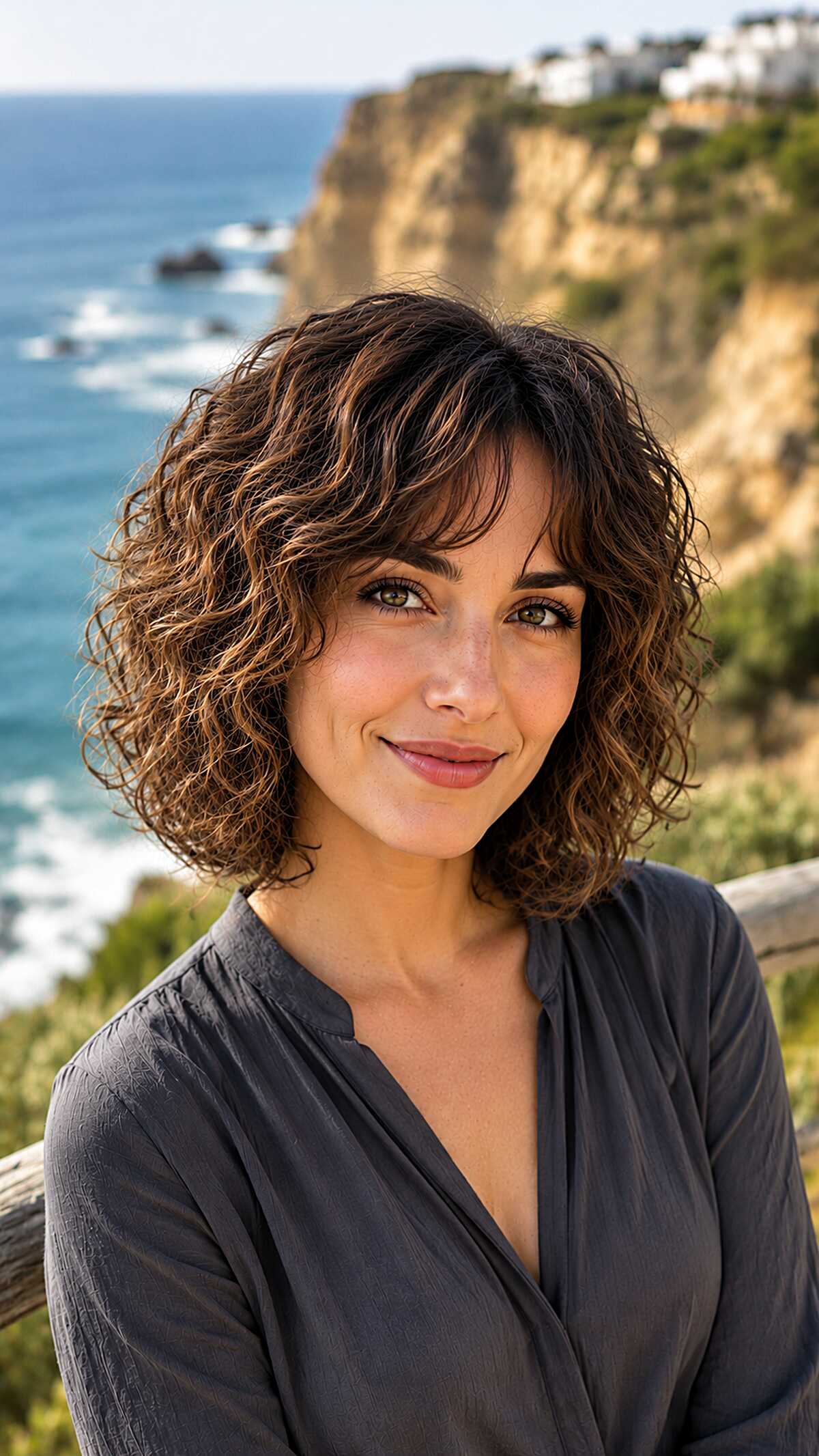 Curly brunette shag lite bob with highlights