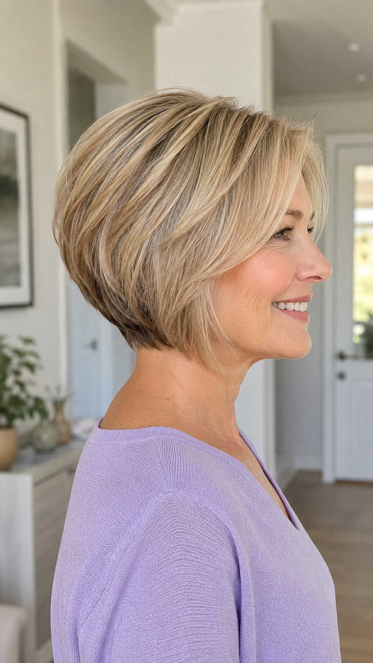 Dimensional blonde stacked bob with seamless layering