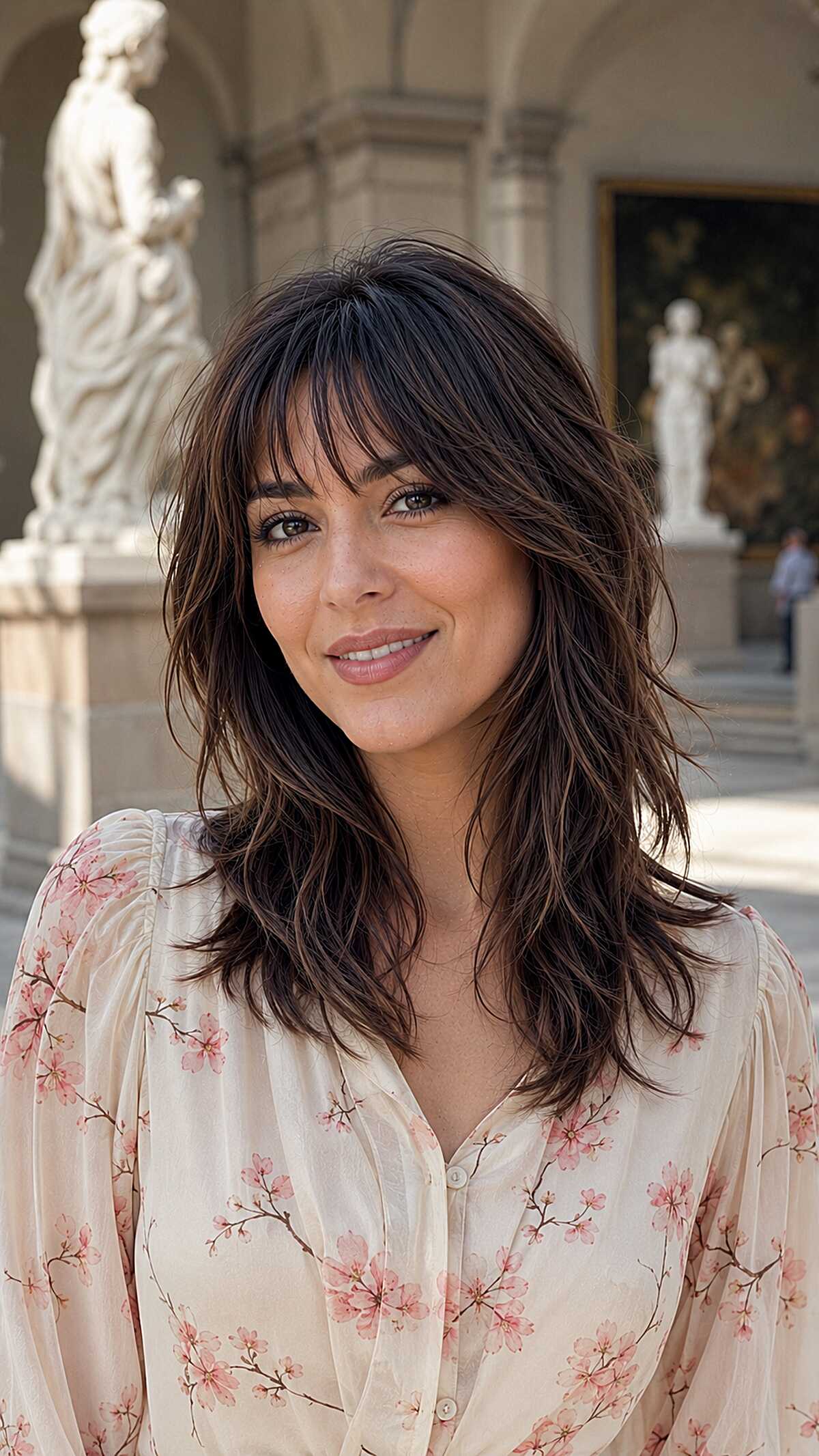 Long dark brown shag lite with feathered bangs