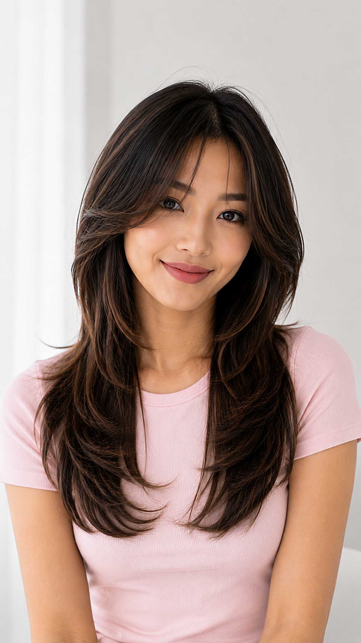 Long dark layered hair with curtain bangs and flipped ends