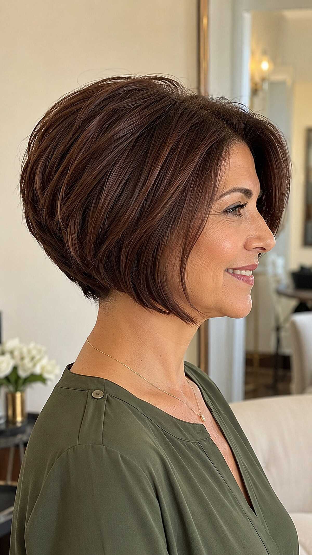 Full-bodied mahogany stacked bob with volume at crown