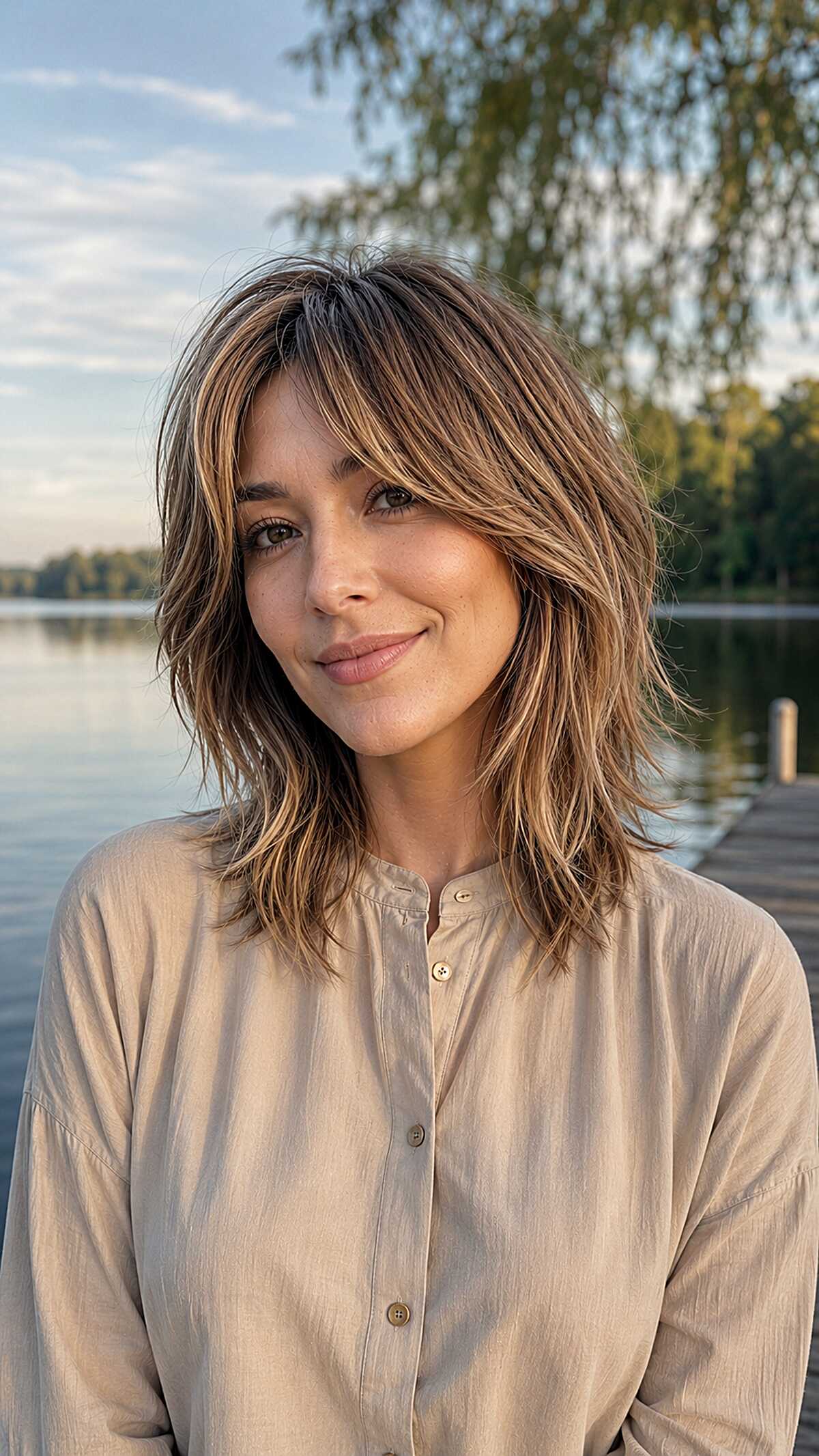 Medium shag lite with golden highlights and layers