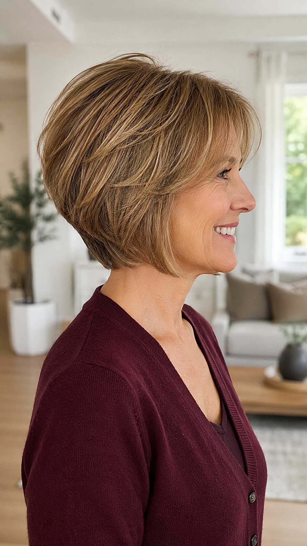 Honey bronde stacked bob with blended highlights