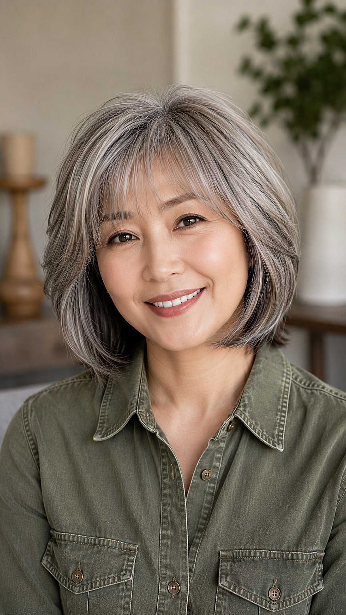 Chin-length silver and gray layered bob with soft bangs