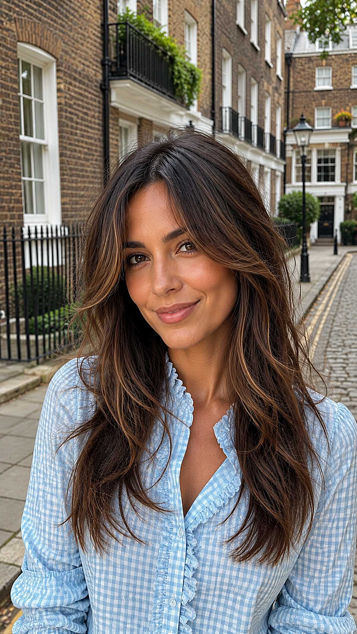 Long dark brunette shag lite with warm highlights