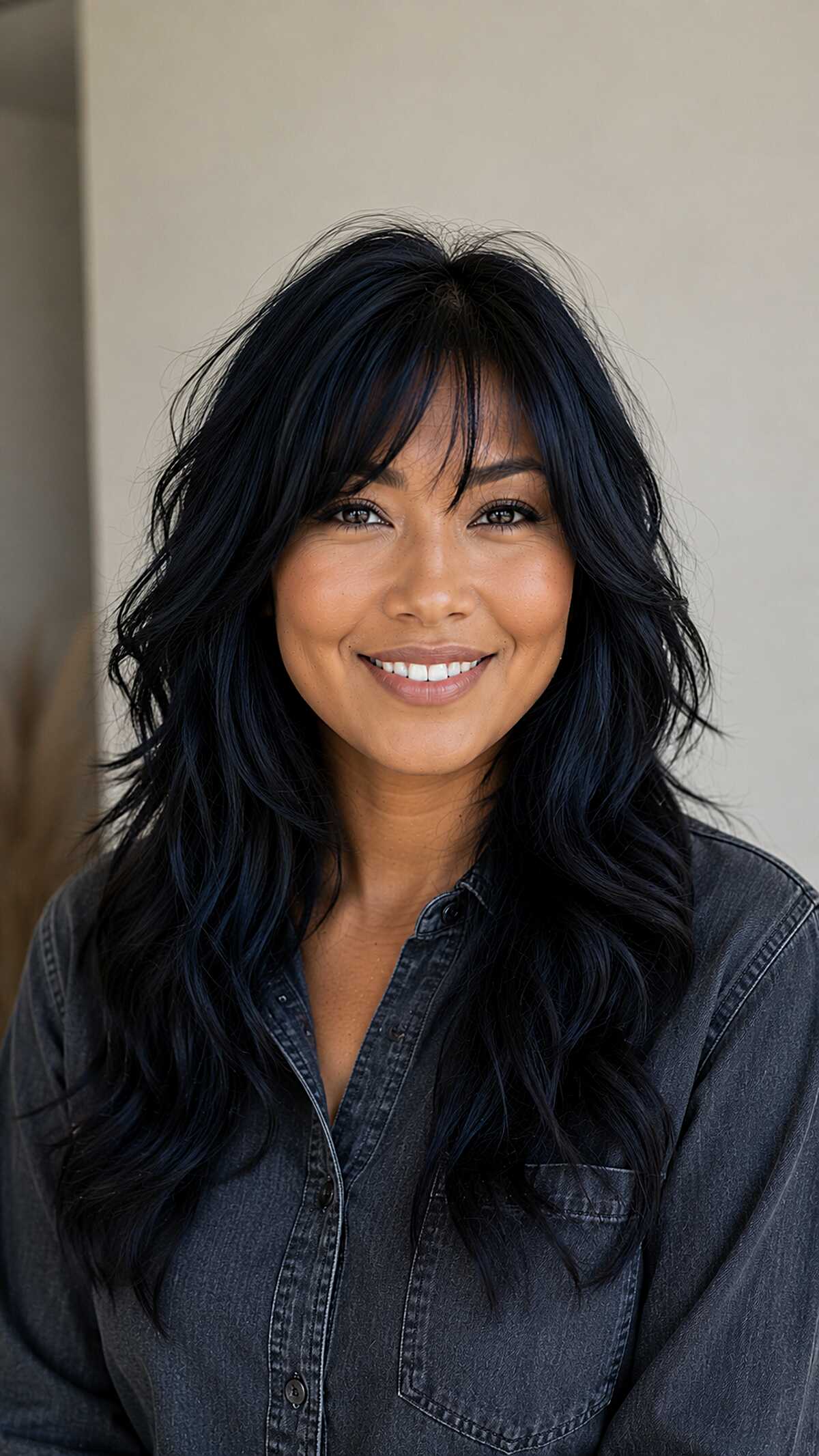 Long wavy black-blue layered hair with curtain bangs