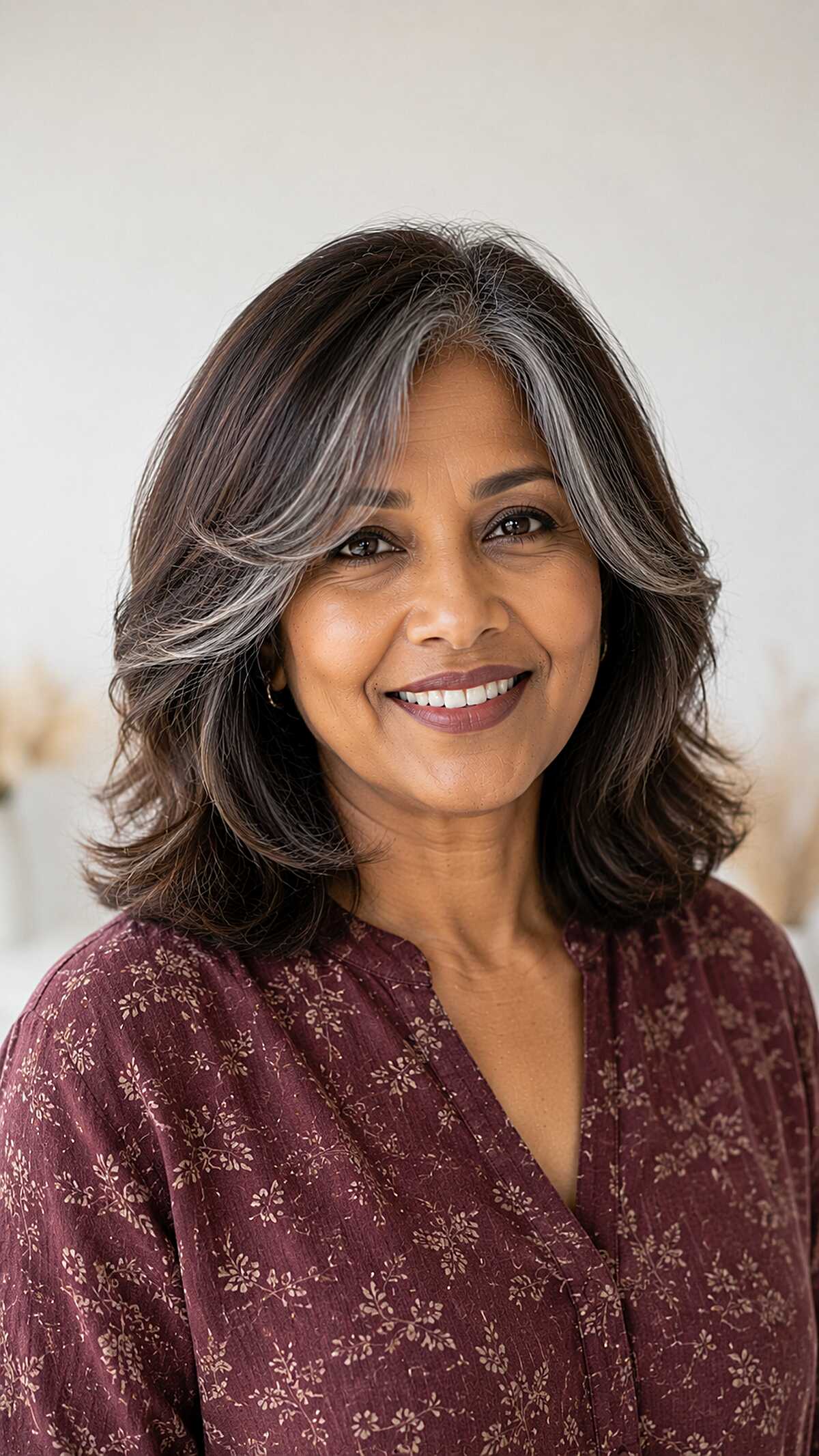 Medium dark brown and gray layered waves with side bangs