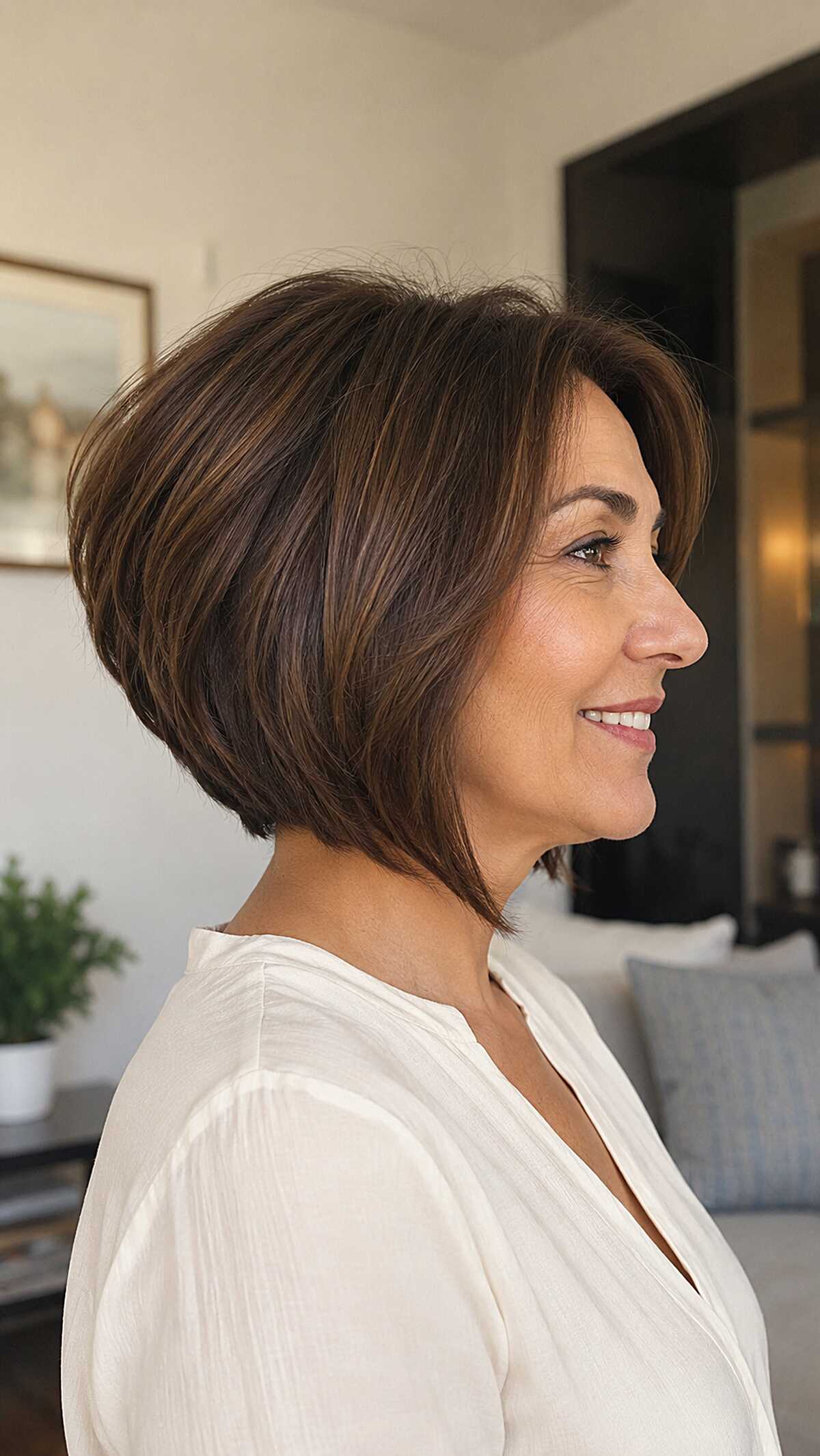 Polished brunette stacked bob with caramel accents
