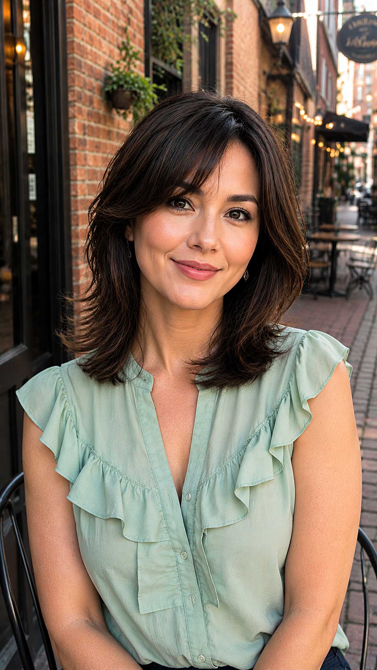 Medium dark brown layered shag lite with side part