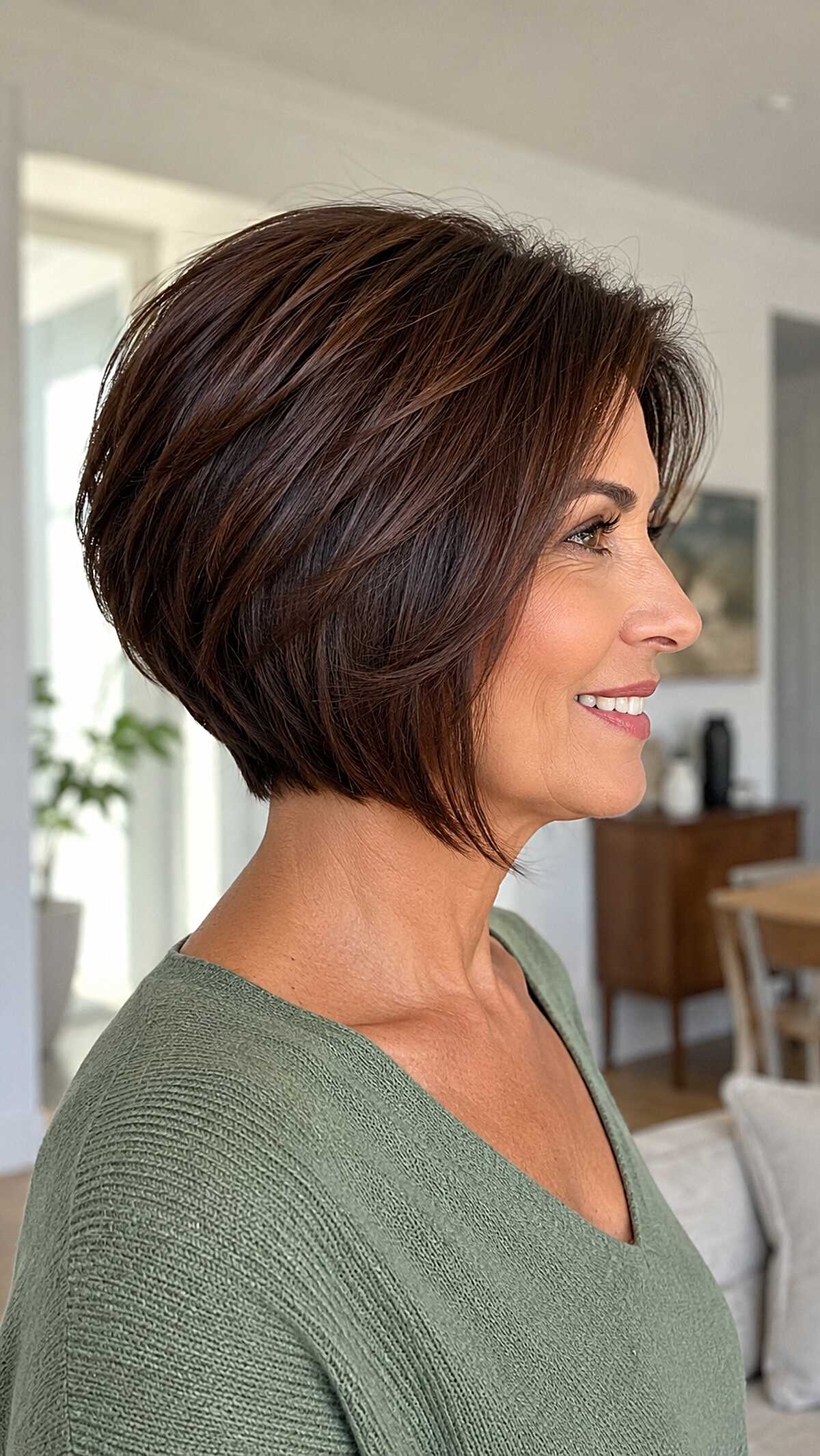 Rich chocolate short stacked bob with subtle movement