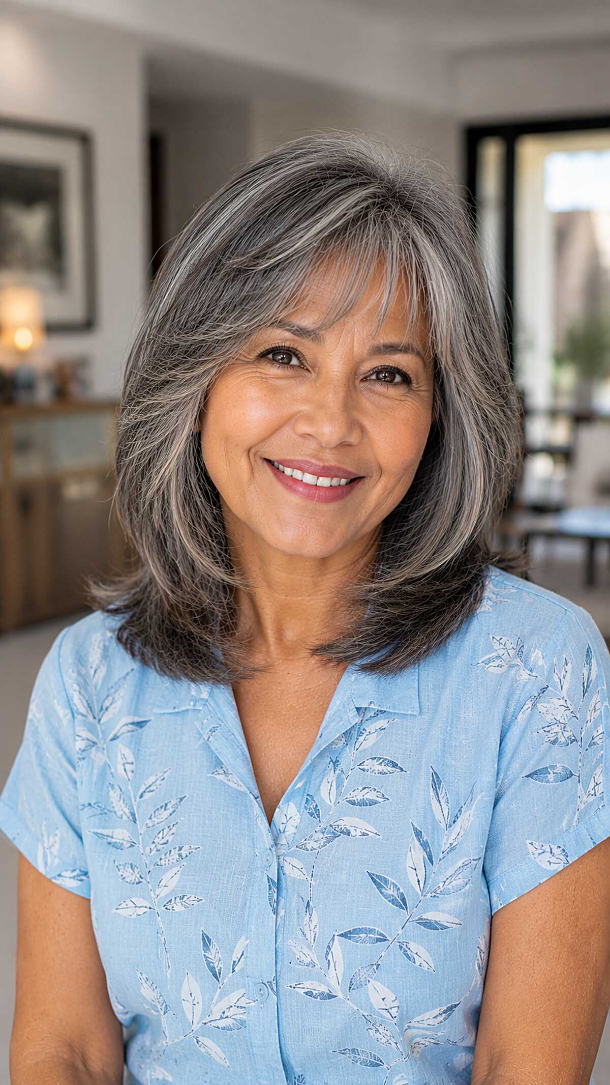 Medium salt and pepper layered hair with feathered bangs