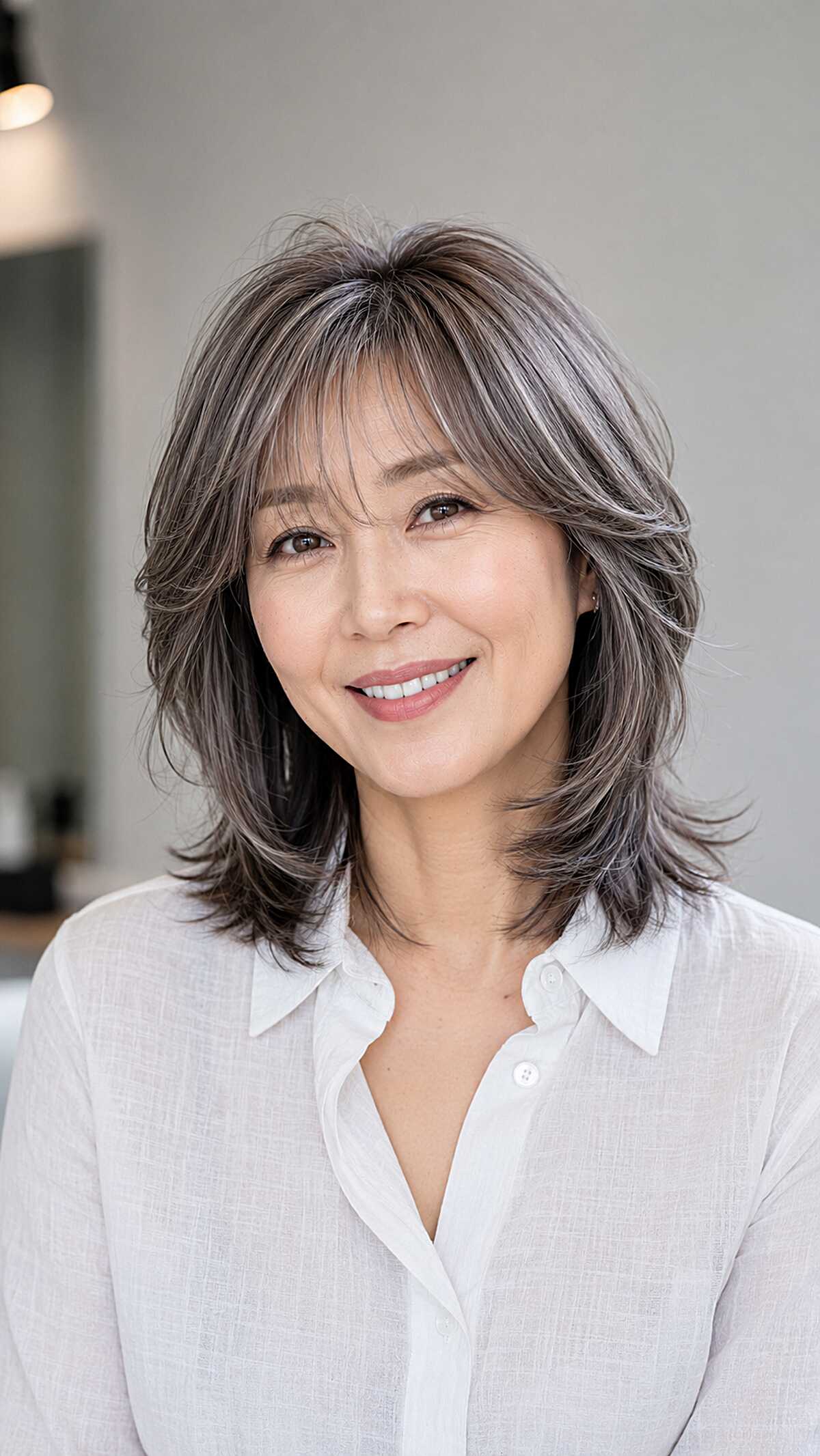 Medium gray and silver feathered layered hair with bangs