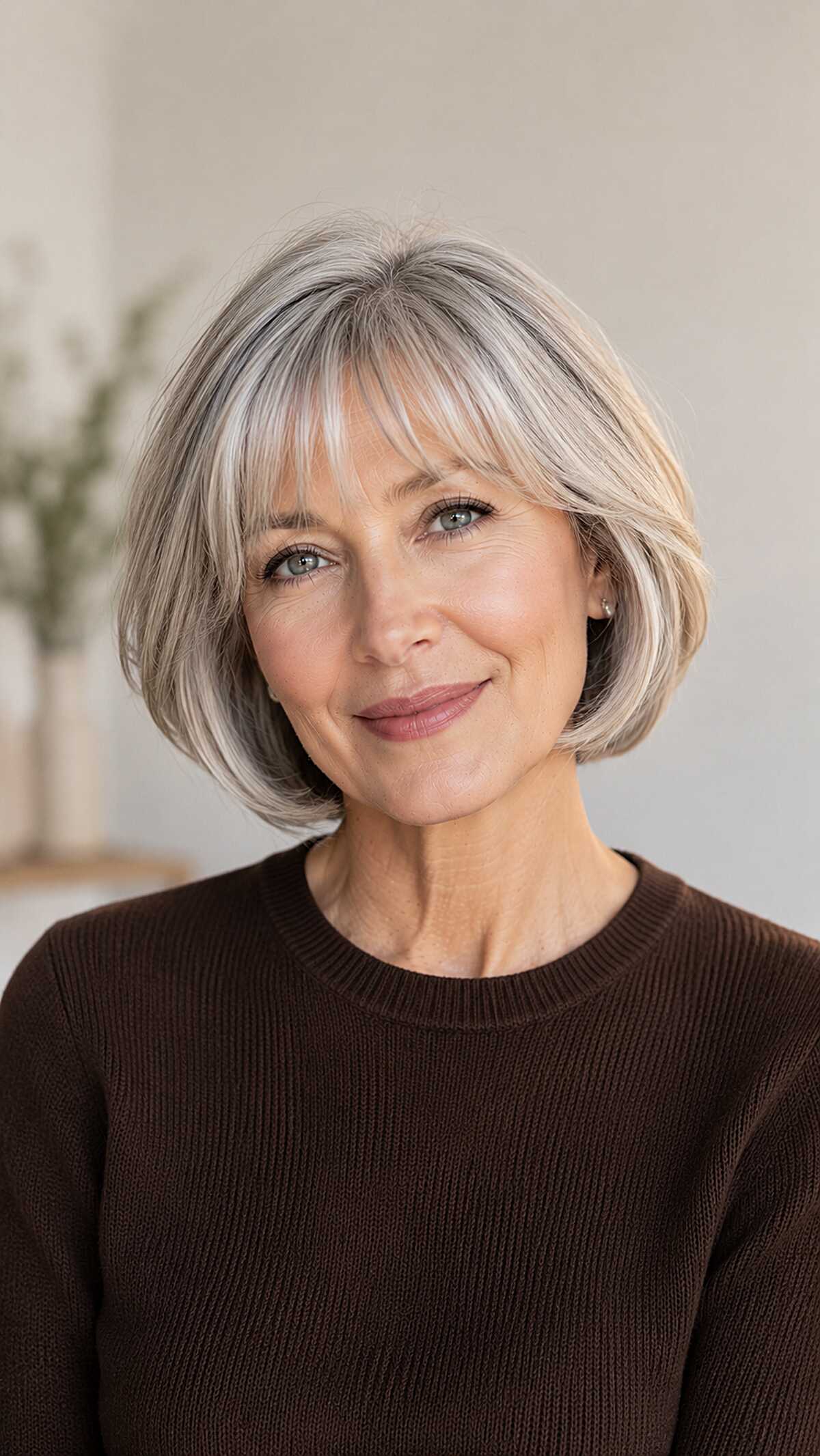 Silver and gray layered bob with soft rounded bangs