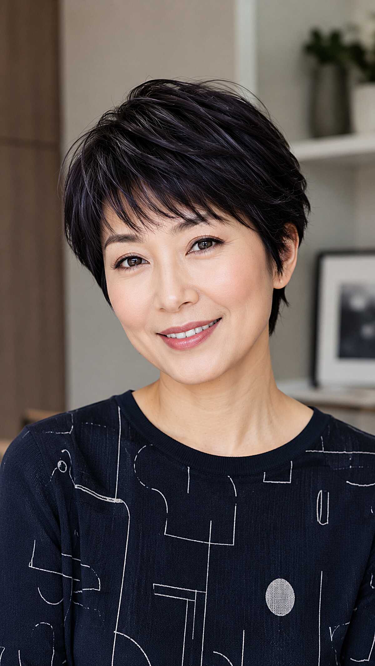 Short black layered pixie cut with side-swept bangs