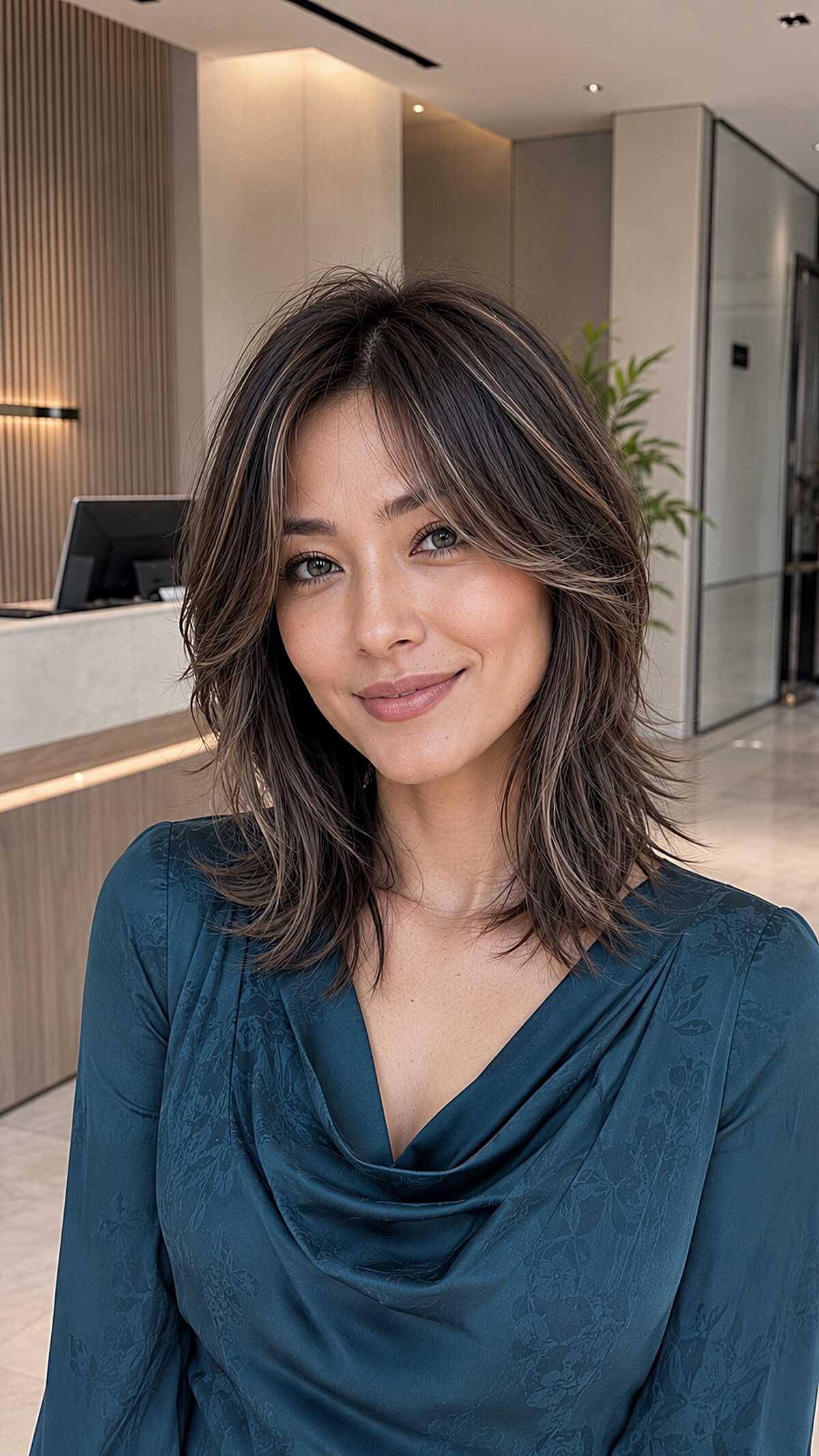 Medium brunette shag lite lob with thin highlights