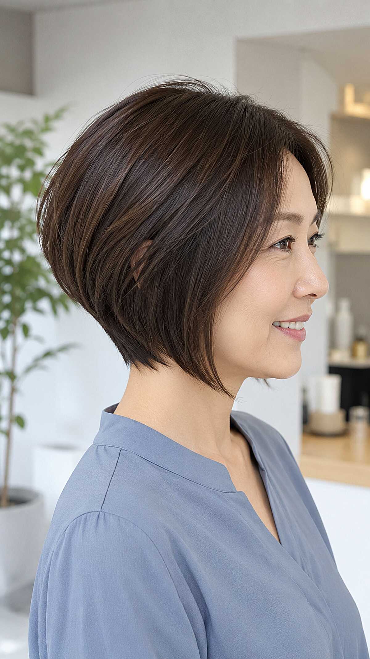 Sleek dark brown tapered bob with soft graduation