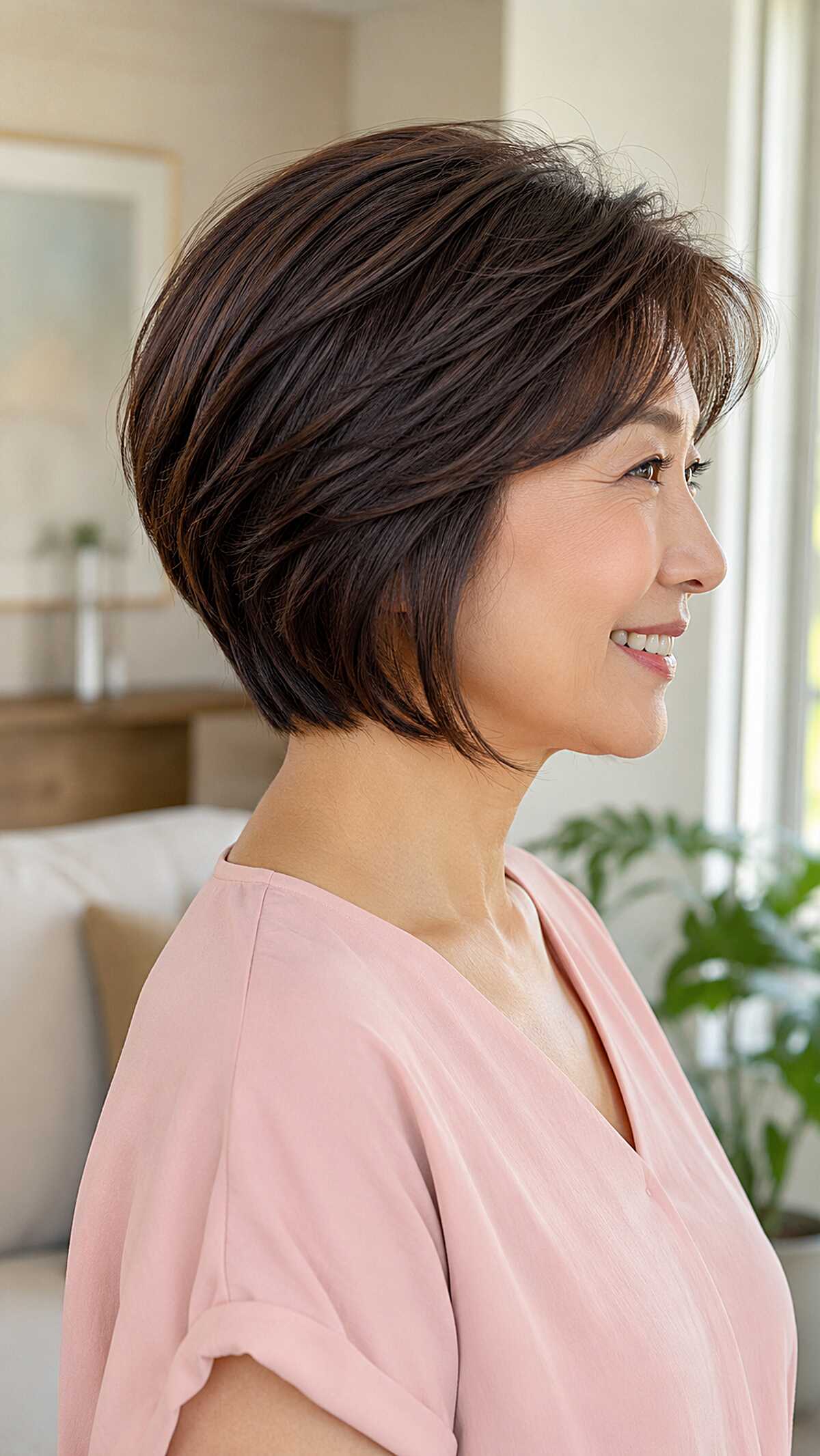 Soft brunette stacked bob with wispy side-swept fringe
