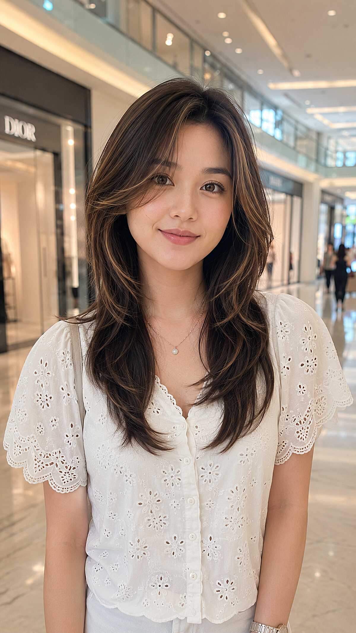 Long brunette shag lite with caramel face framing