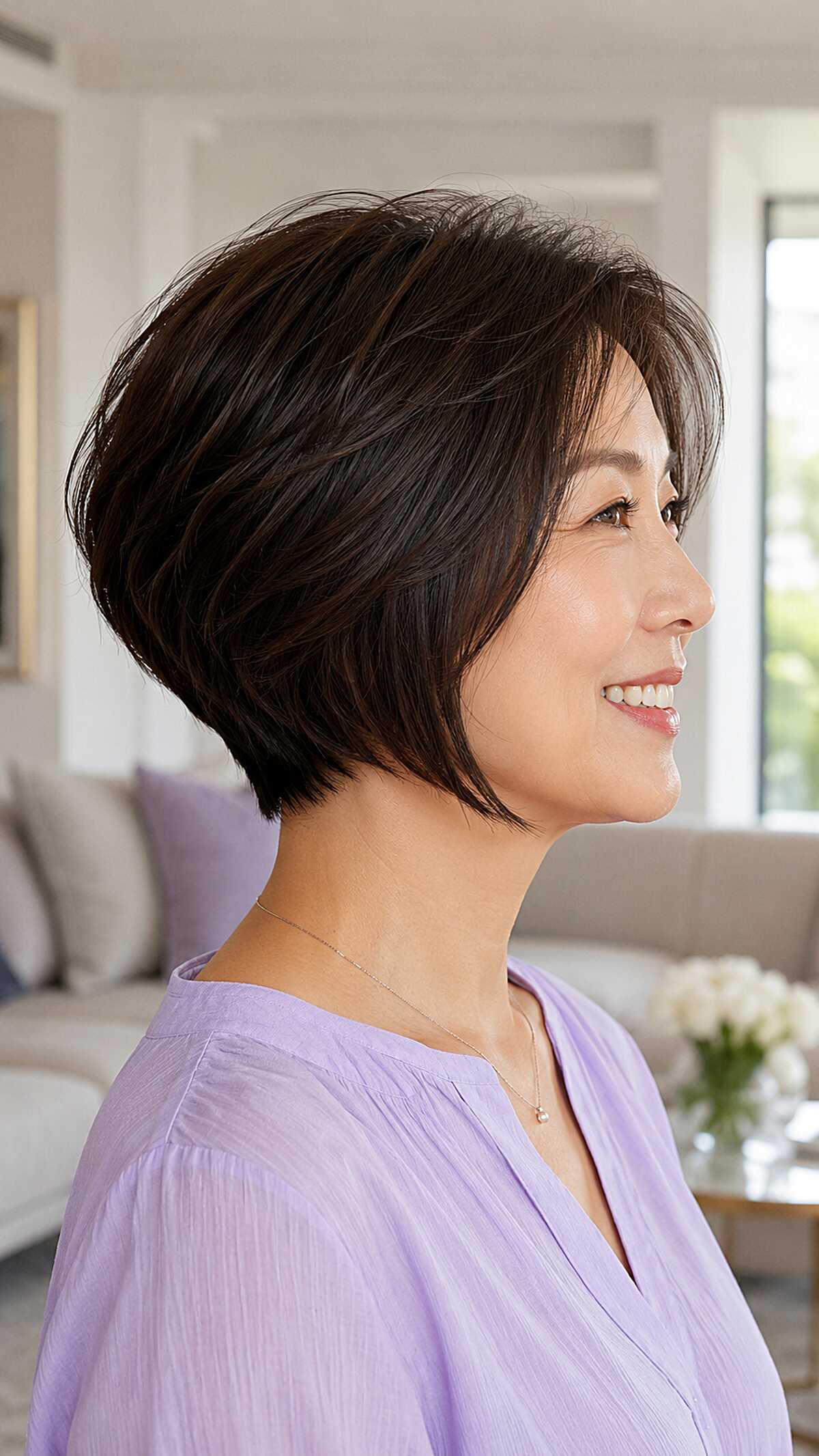 Soft dark brown stacked bob with feathered side layers