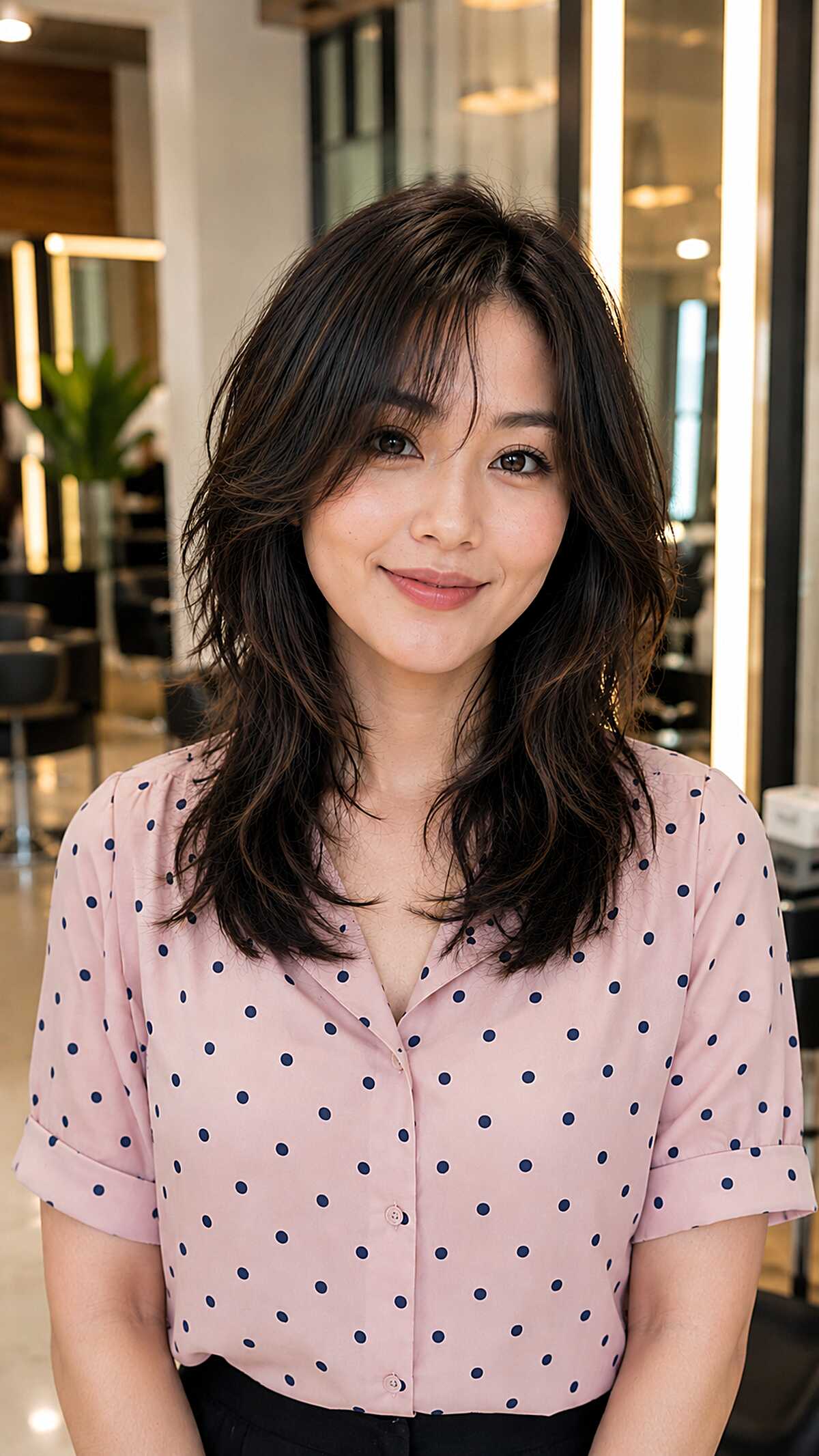 Medium black wavy shag lite with side-swept bangs