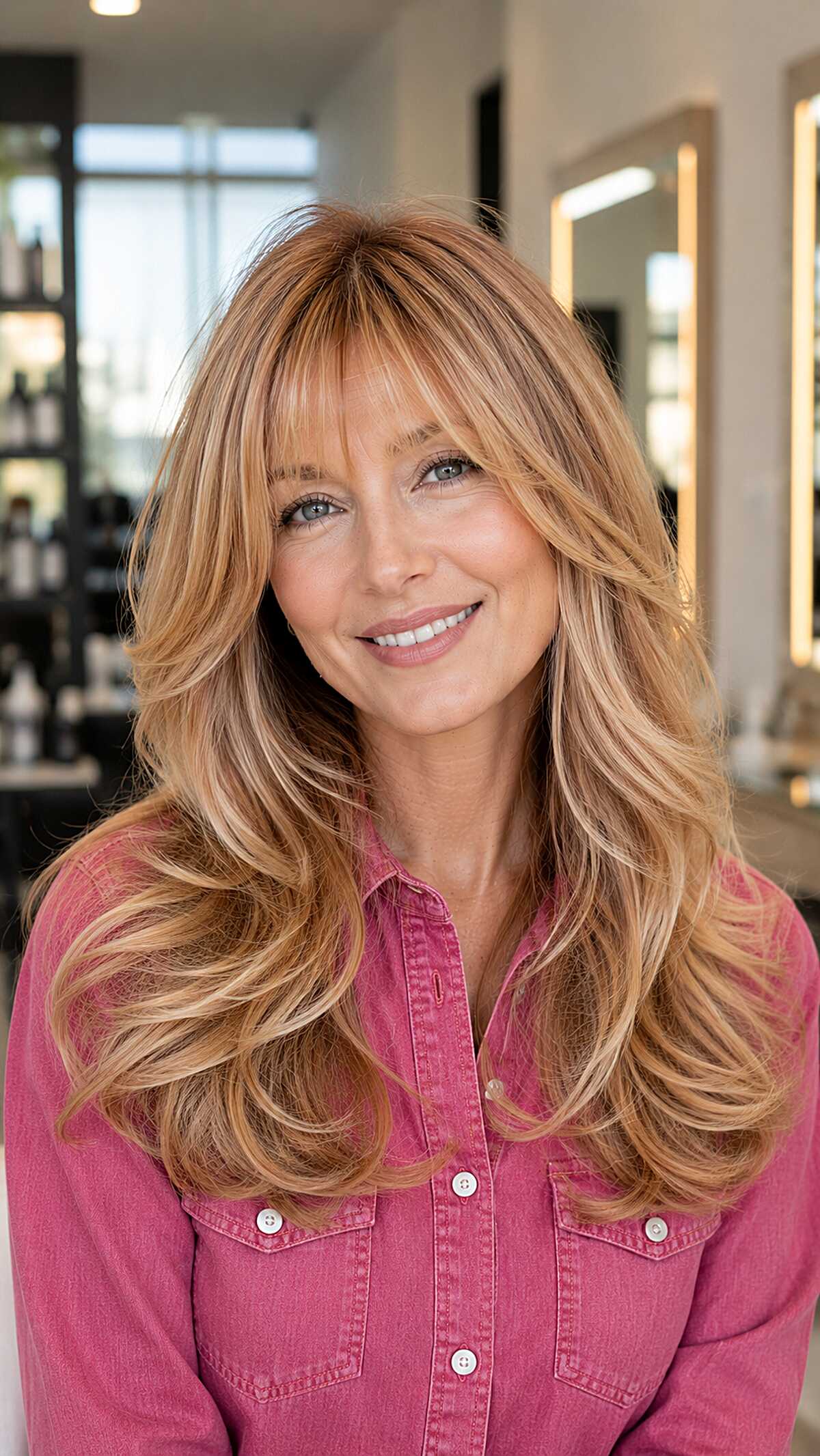 Long strawberry blonde layered hair with curtain bangs