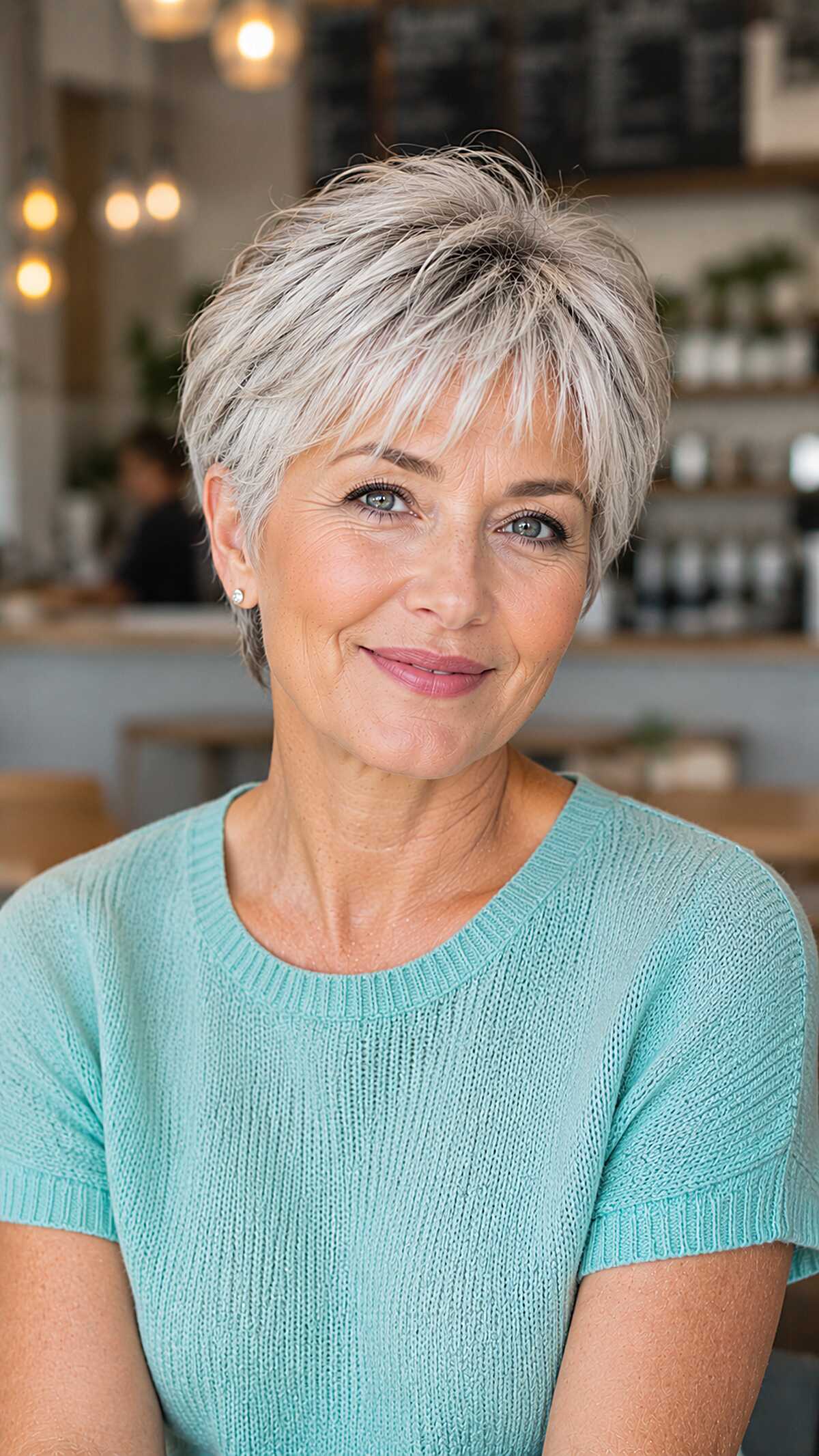 Short silver-blonde textured pixie with layered top